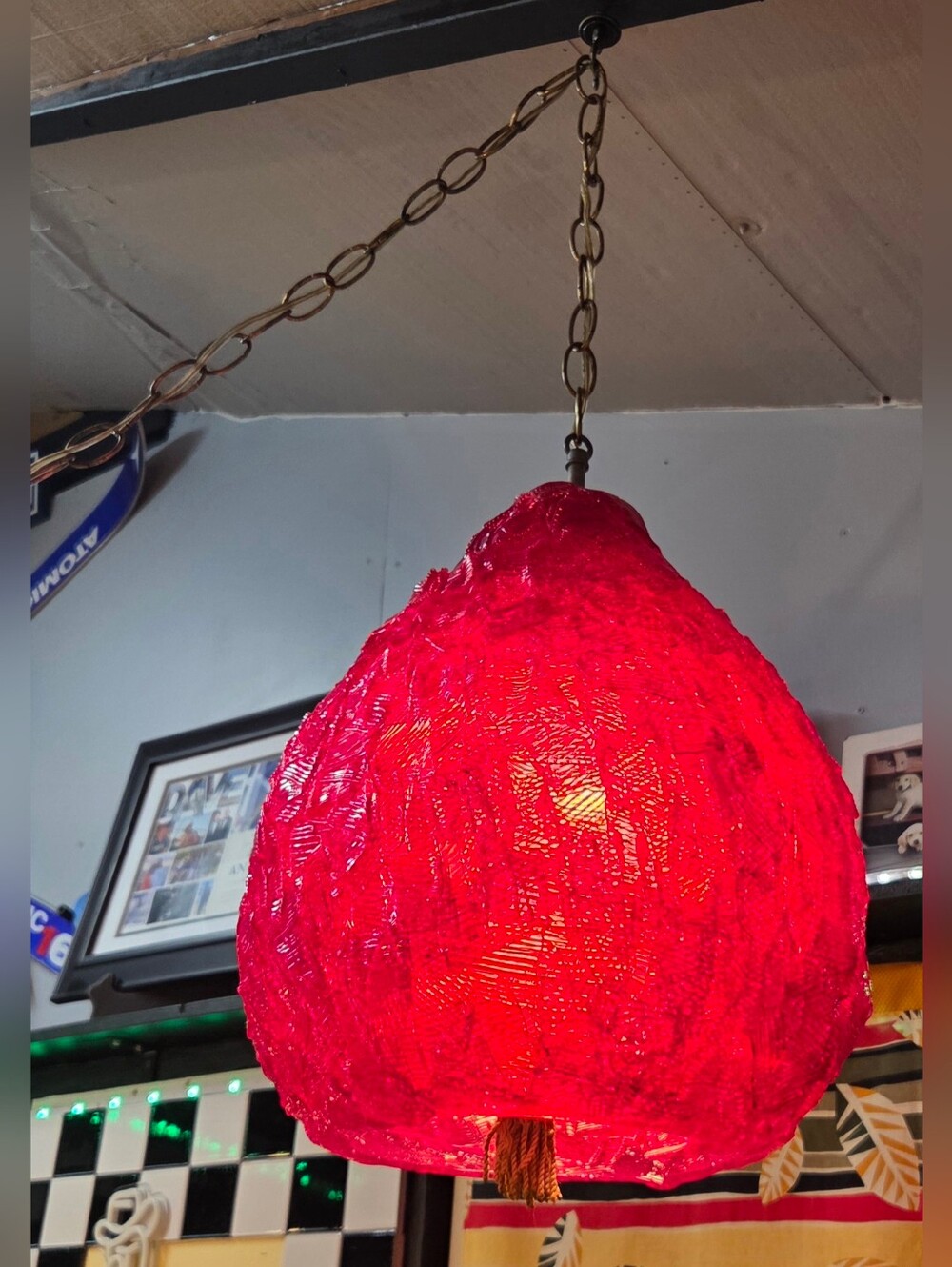 Vintage Red Retro Spaghetti Swag Lamp Original Cord/Gold Swag Chain/Gold Tassel